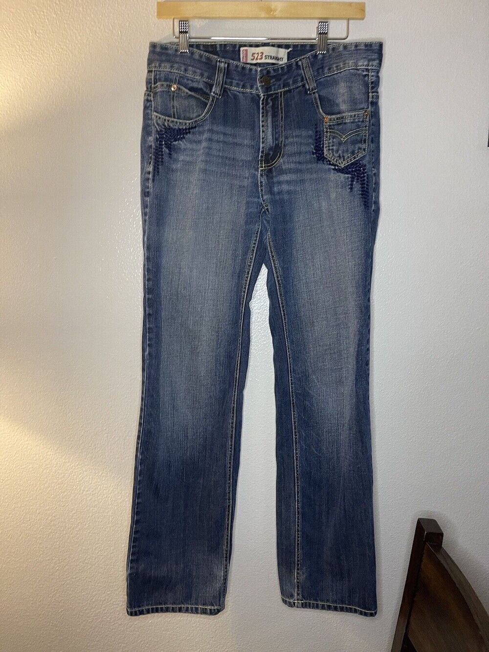 Levi's 523 Jeans Mens Blue Embroidered Blue Straight Leg 33W 32L